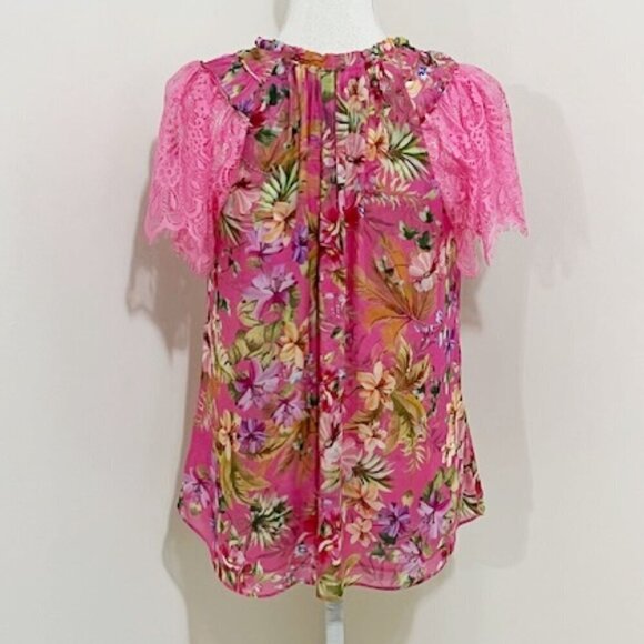 Hale Bob Kailani Pink Floral Tropical Top Lace Short Sleeves Size S - Picture 4 of 7